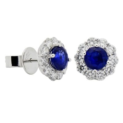 Sapphire and Diamond Round Halo Earrings in 18k White Gold