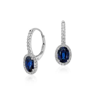 Oval Sapphire and Diamond Halo Leverback Earrings in 18k White Gold