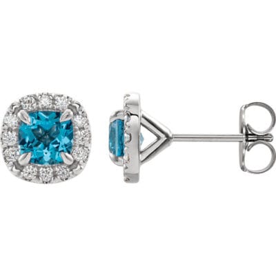 Blue Topaz Cushion Diamond Halo Earrings