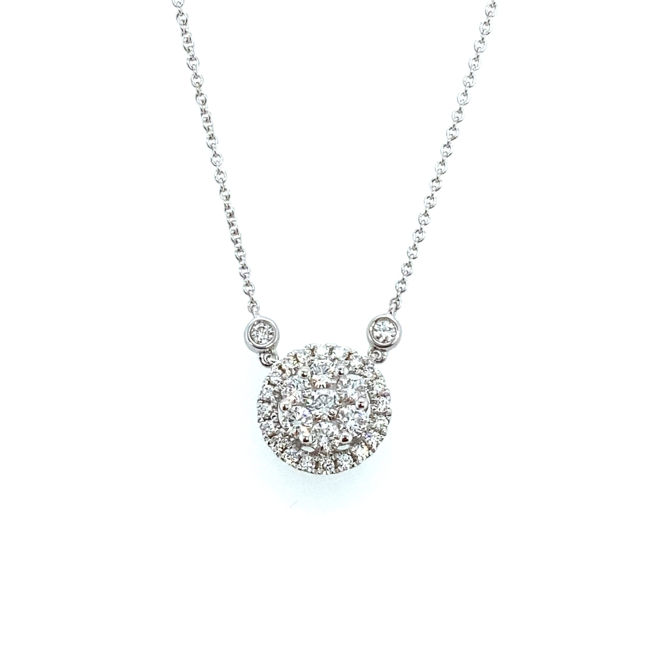 18k White Gold Diamond Cluster Halo Pendant with Diamond Bezels