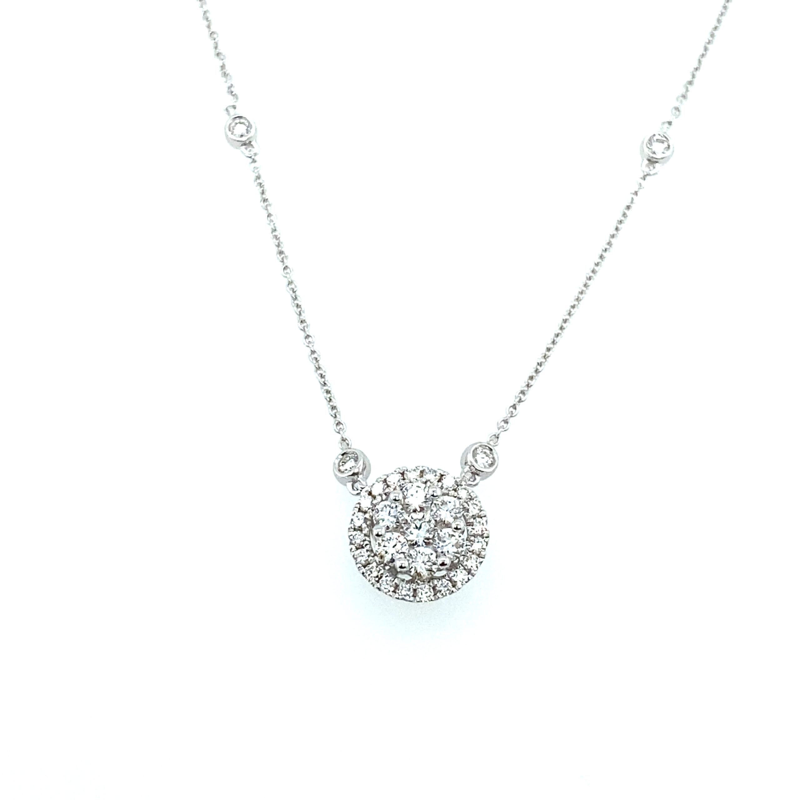 18k White Gold Diamond Cluster Halo Pendant with Diamond Bezels