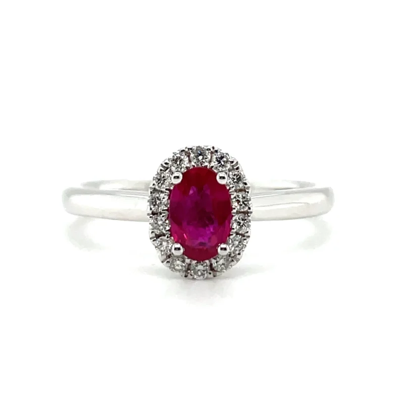 18K White Gold Ruby Oval Halo Solitaire Diamond Ring