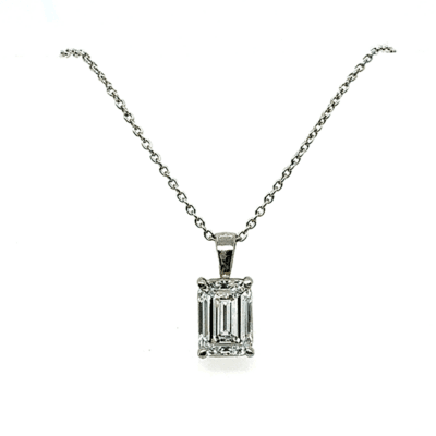 14K White Gold Emerald Cut Lab Grown colorless Diamond certified Pendant