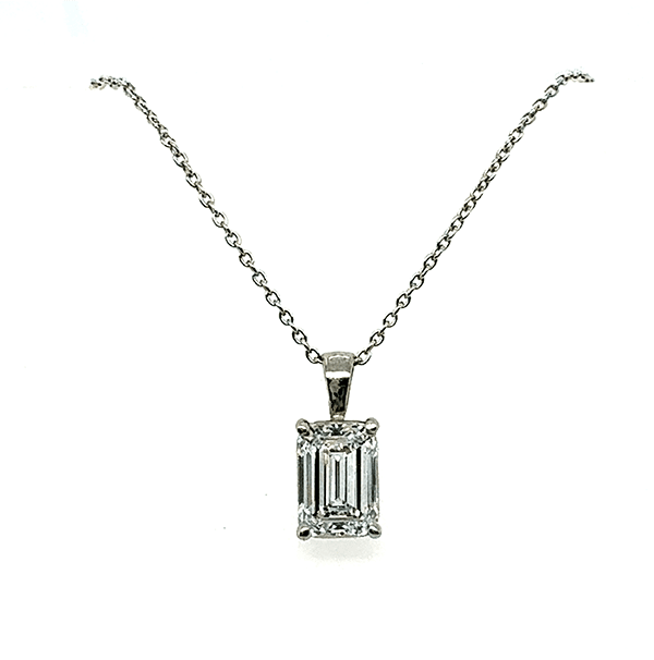 14K White Gold Emerald Cut Lab Grown colorless Diamond certified Pendant