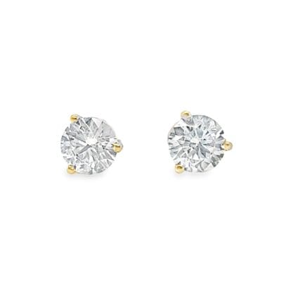 14k Yellow Gold Round Lab Grown Diamond 1.60 CTW Earrings 3-Prong Martini Stud Press Fit Backing