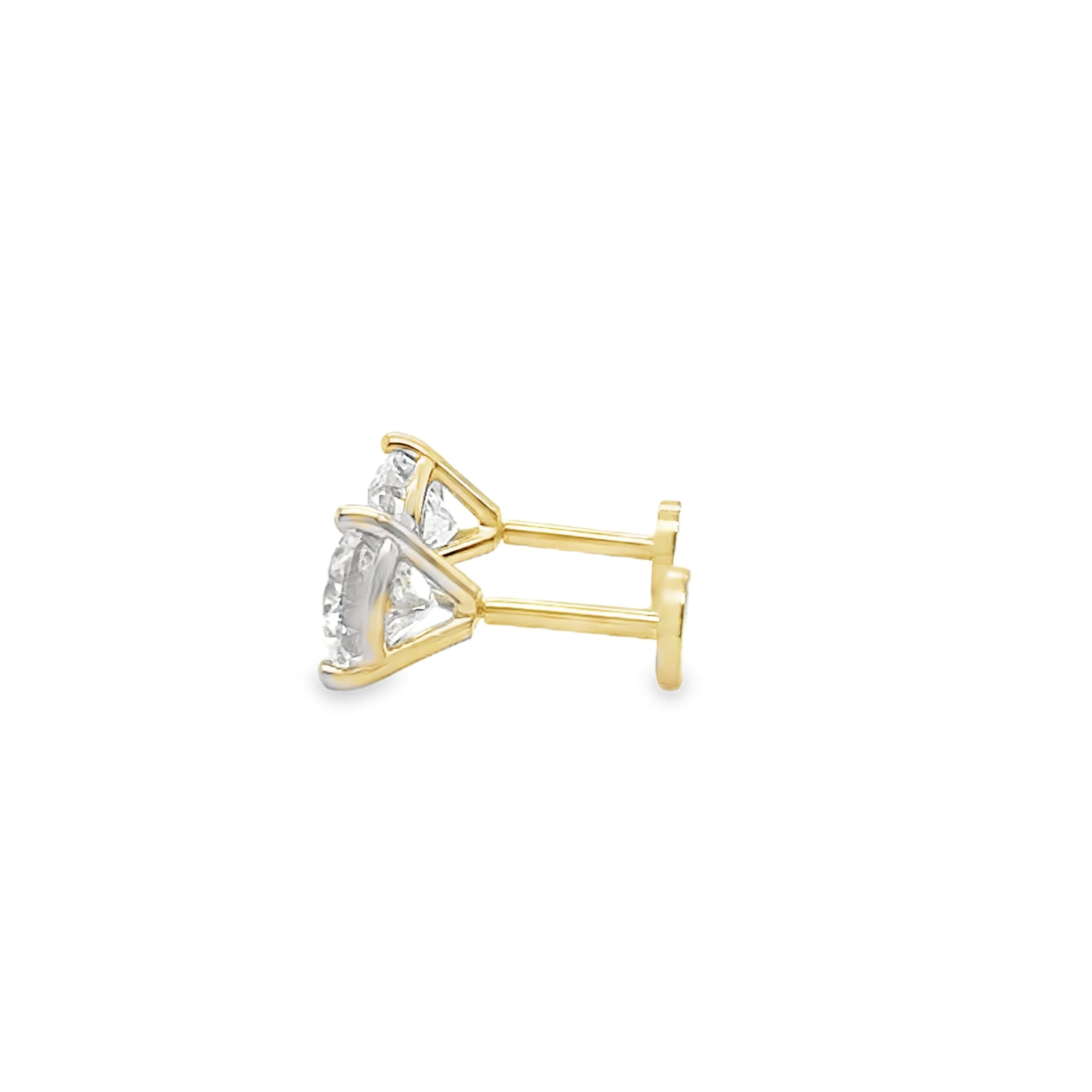 14k Yellow Gold Round Lab Grown Diamond 1.60 CTW Earrings 3-Prong Martini Stud Press Fit Backing