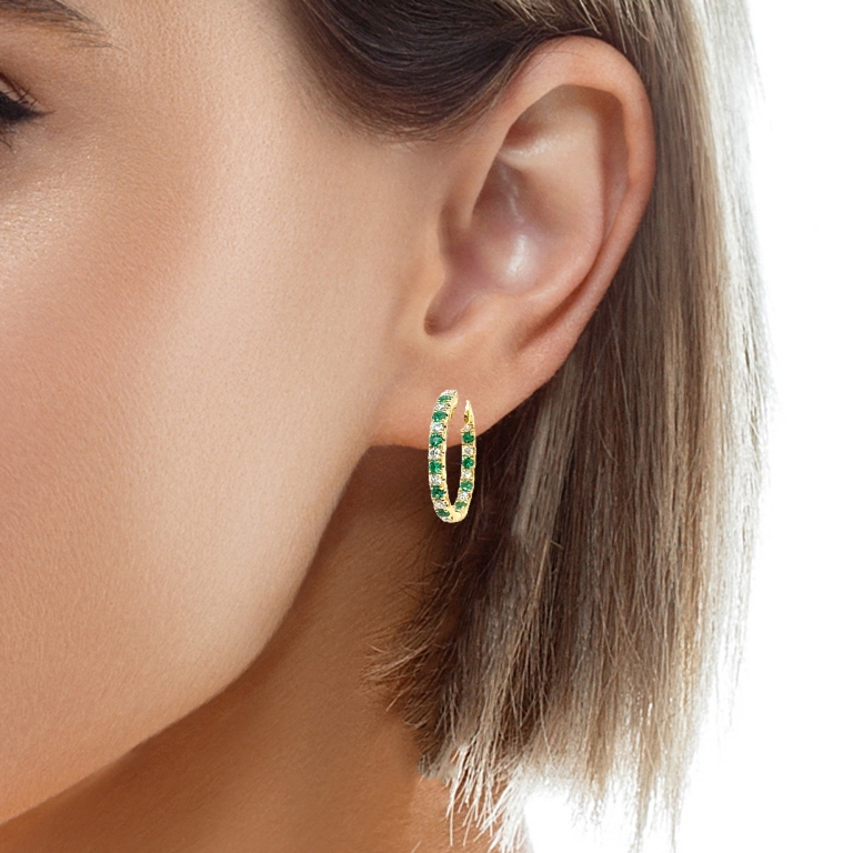 18k Yellow Gold Emerald and Diamond Hoop Earrings