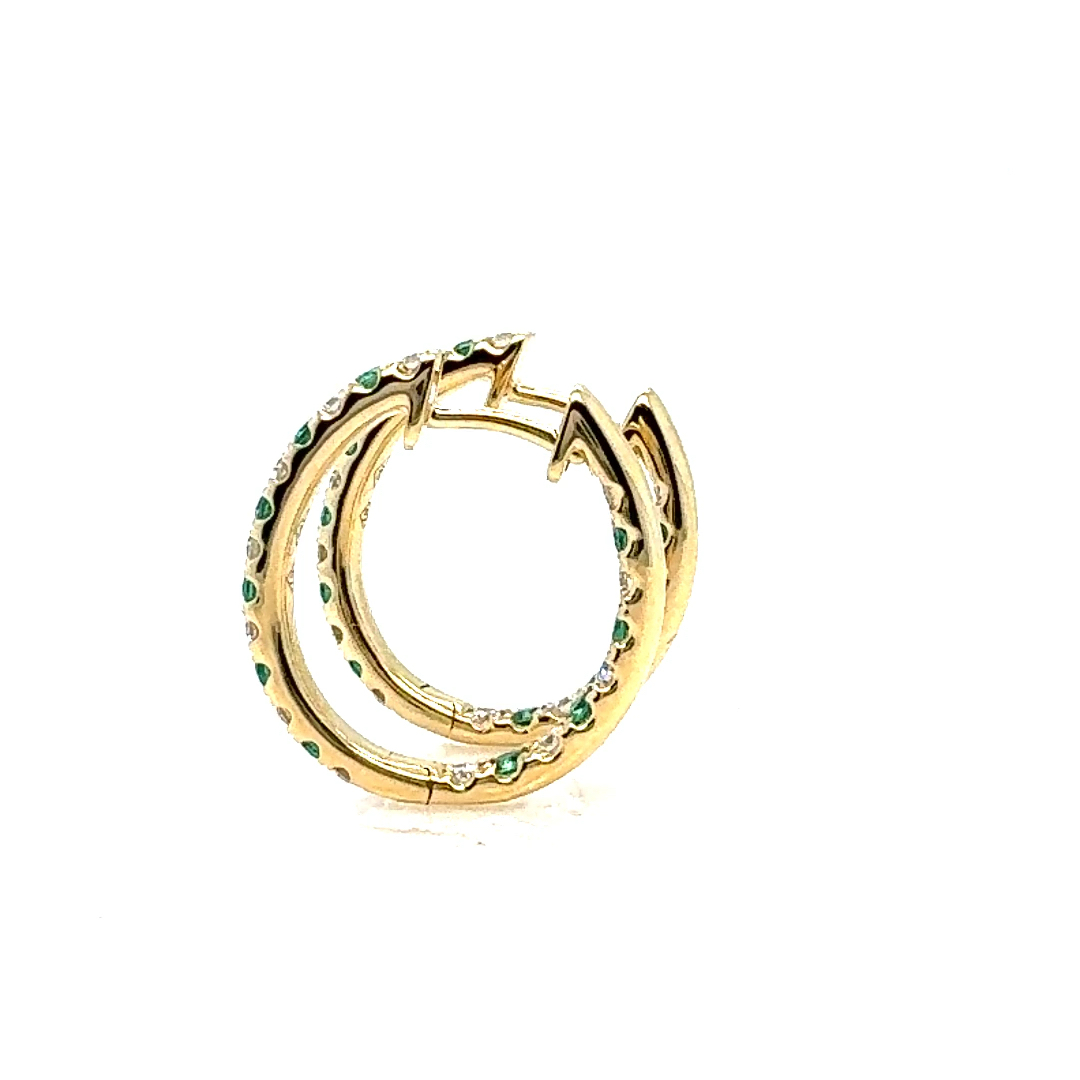 18k Yellow Gold Emerald and Diamond Hoop Earrings