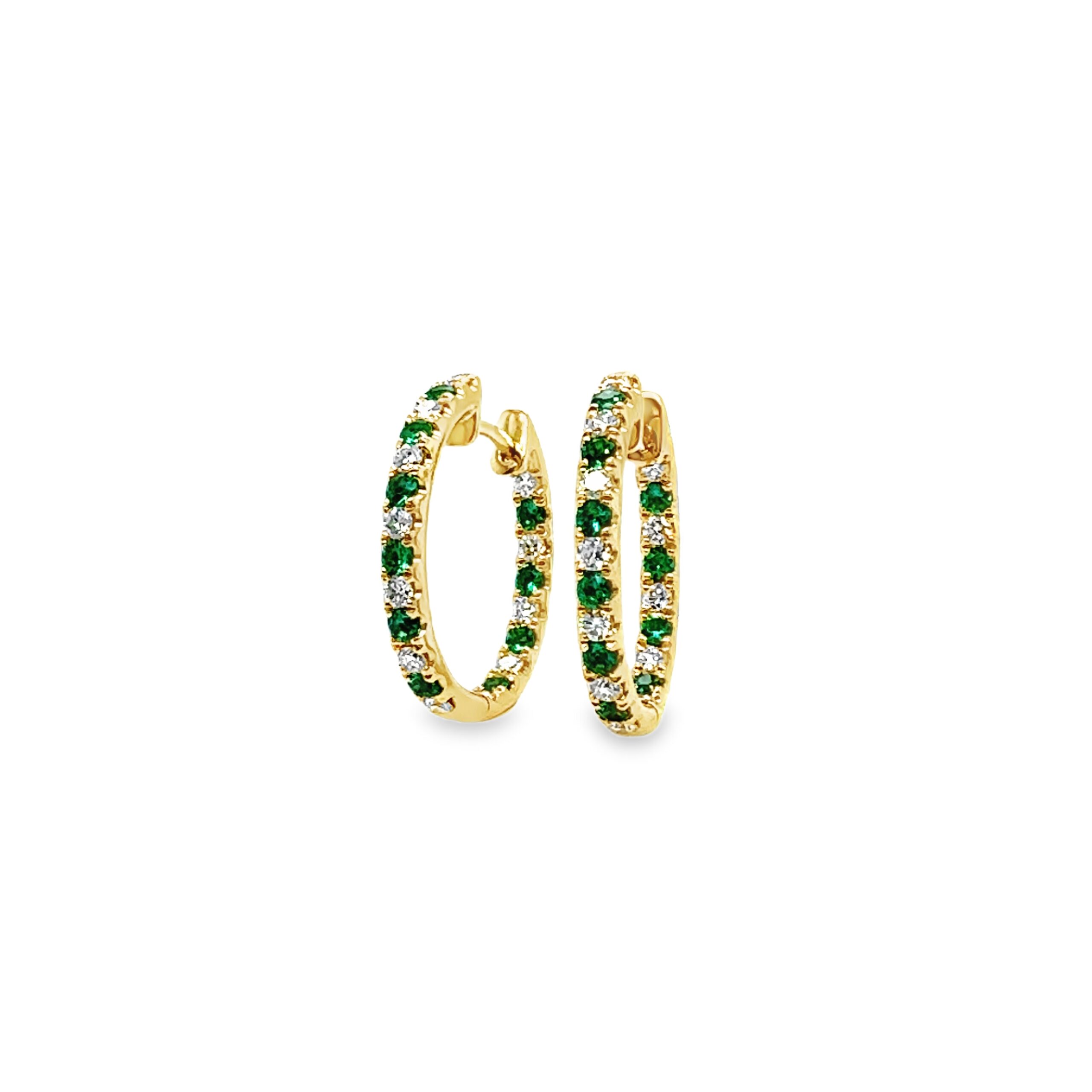 18k Yellow Gold Emerald and Diamond Hoop Earrings