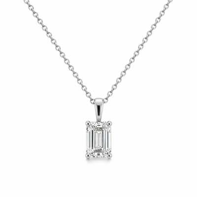 14K White Gold Emerald Cut Lab Grown colorless Diamond certified Pendant