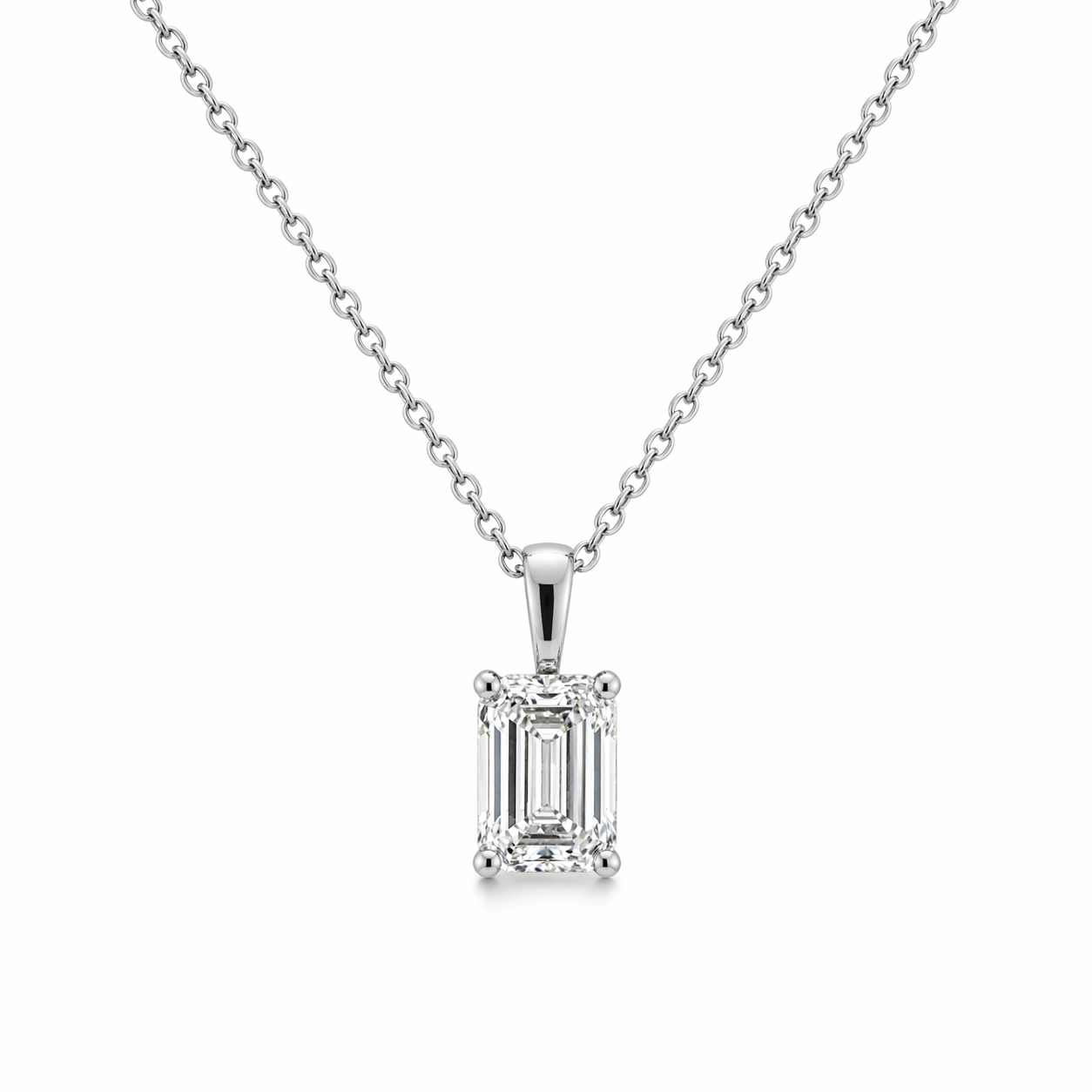14K White Gold 1.5 ct Emerald Cut Lab Grown colorless Diamond certified Pendant