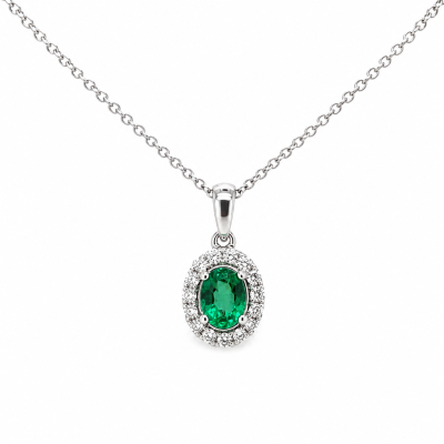 Women’s 18k White Gold Oval Emerald & Diamond Halo Pendant