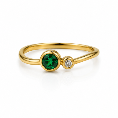 14k Yellow Gold Lab Emerald & Diamond Bezel Ring